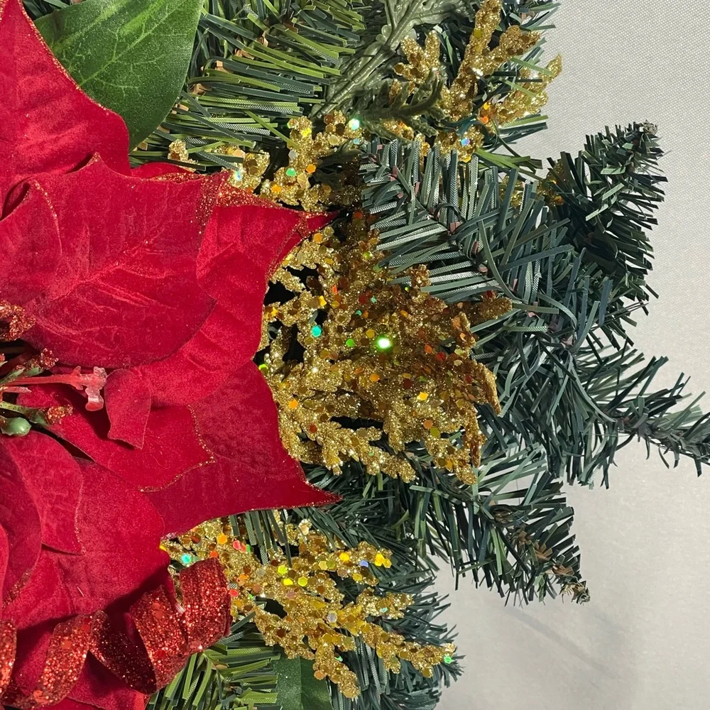 Christmas Wall Swag Poinsettia Red & Green Glitter Picks Holiday Décor